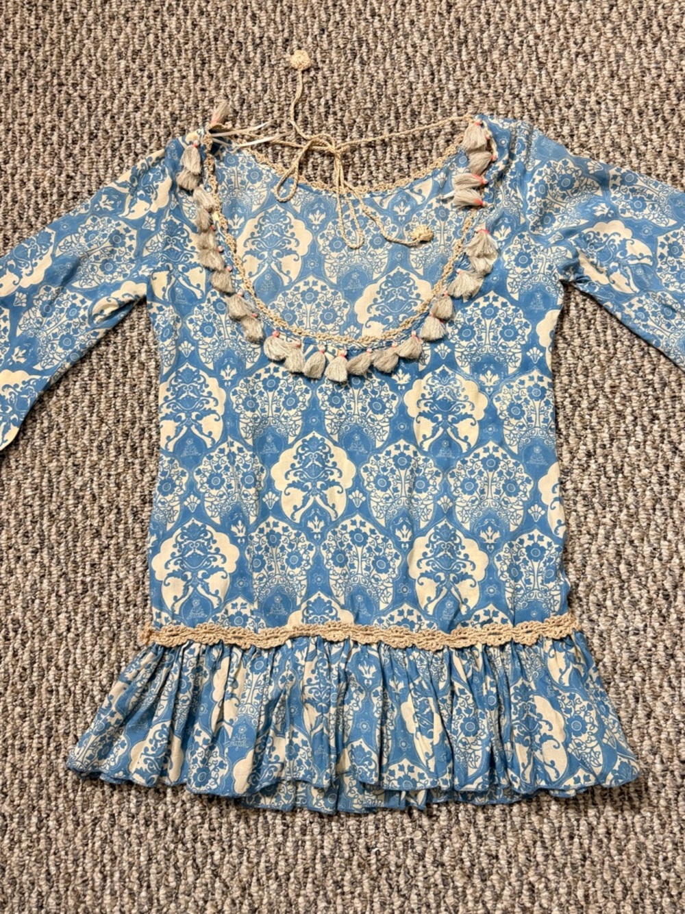 Blue and Cream Printed Mini Dress with Tassel Detail